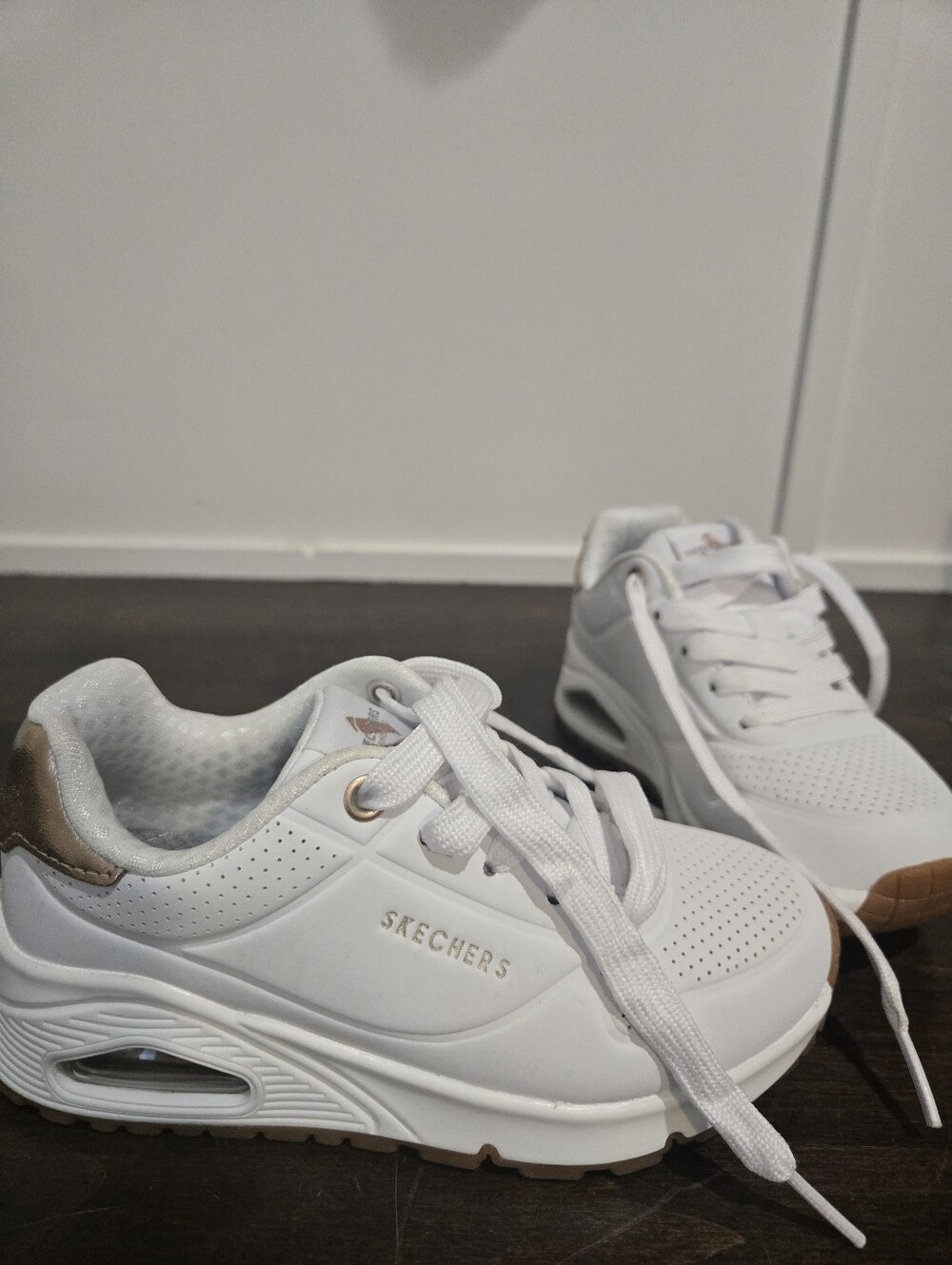 Little Kids Size 11 Skechers White Platform Sneakers with Gold and Tan Accents